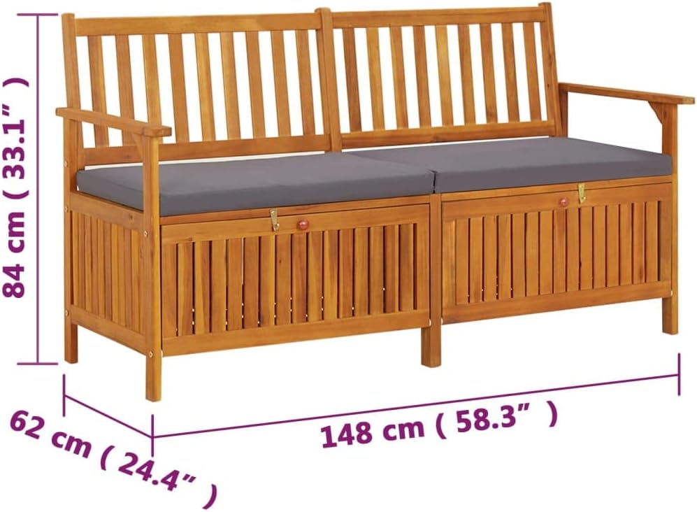 Storage Bench with Cushion Solid Wood Acacia 58.3" Durable Patio Furniture Outdoor Bench Seat for Garden Porch Front Porch Furniture with Ample Storage Space