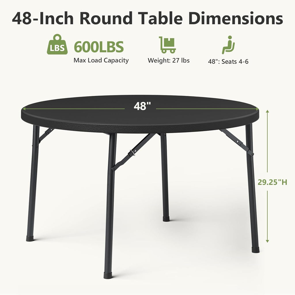4FT Round Folding Table with Foldable Legs, Heavy Duty Banquet Table. Black | 600 lbs Capacity | 48" Round Surface | Foldable Leg Design | Seats 4-6 People | Dining, Games & Gatherings