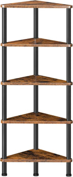 HOOBRO Corner Shelf Stand, Industrial 5-Tier Corner Bookshelf with Metal Frame, Plant Display Shelf, Small Bookcase for Small Spaces, Bedroom, Living Room, Rustic Brown BF33CJ01