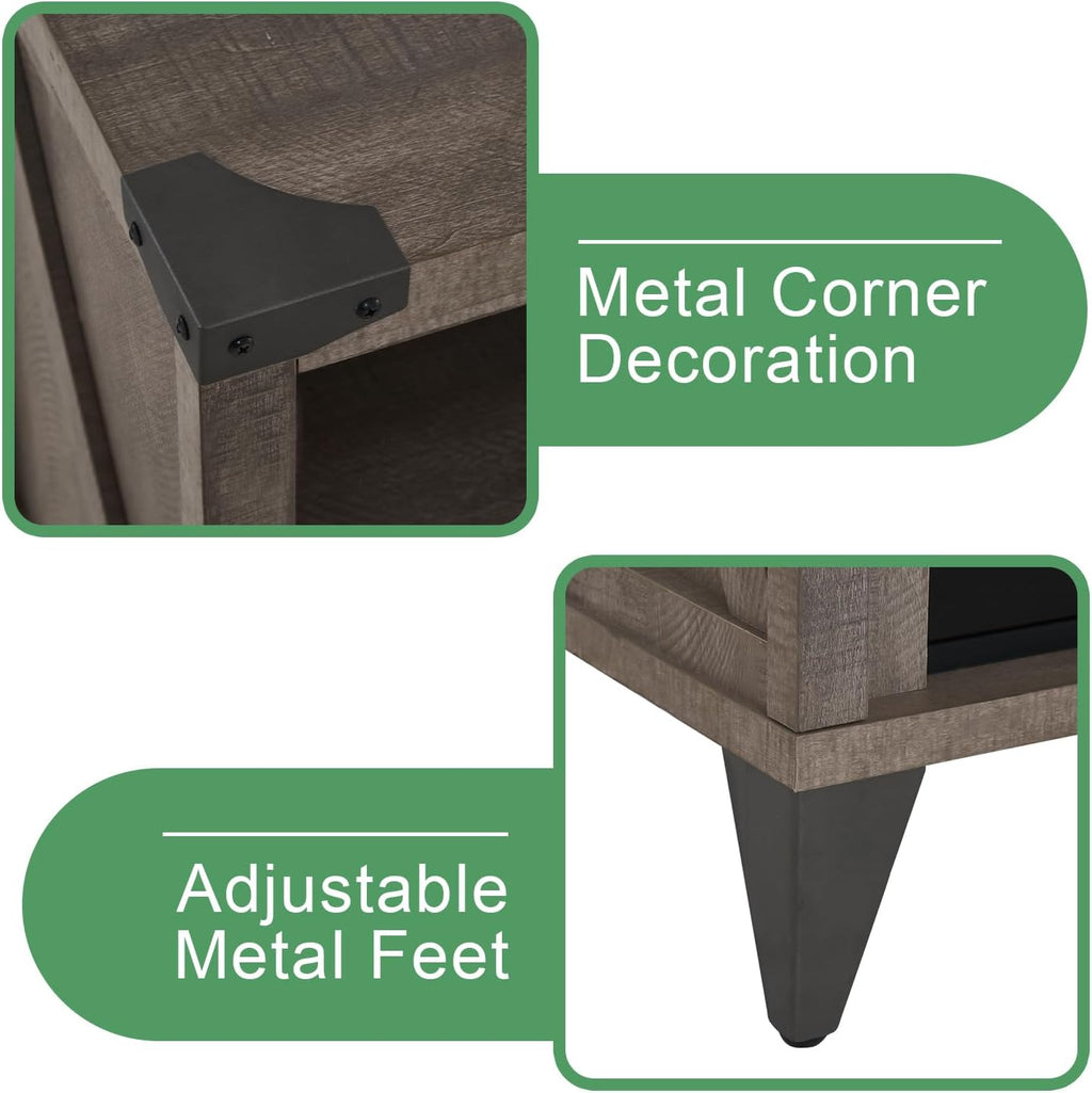 AMERLIFE 65" Fireplace TV Stand with 60" Glass Electric Fireplace, Industrial & Farmhouse Media Entertainment Center with Open Shelve Storage for TVs Up to 75", TV Console for Living Room, Light Gray