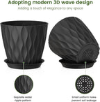 7 inch Plant Pots for Indoor Outdoor Plants, 5 Pack Thick Flower Pots with Drainage Holes and Saucers, 3D Modern Wave Texture Plastic Planter Pots for House Plants, Black