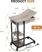TrailBlaze C-Shaped Side Table with Charging Station, Flip Top End Table with USB Ports and Outlets, Narrow Side Table with 3 Tier Storage Shelf, C Table for Small Spaces, Bedroom, Living Room, Grey