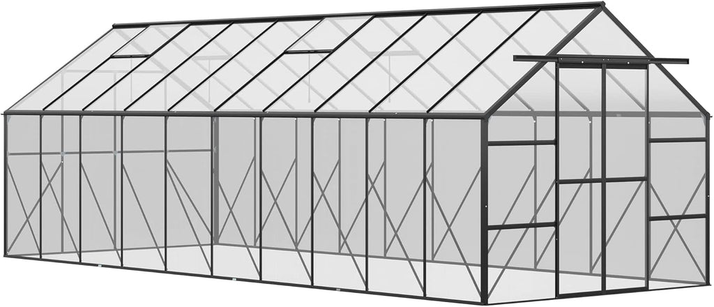 Outsunny 20' x 8' Polycarbonate Greenhouse with Aluminum Frame, Walk-in Garden Greenhouse Kit with Adjustable Roof Vent, Rain Gutter and Sliding Door for Backyard, Patio, Clear