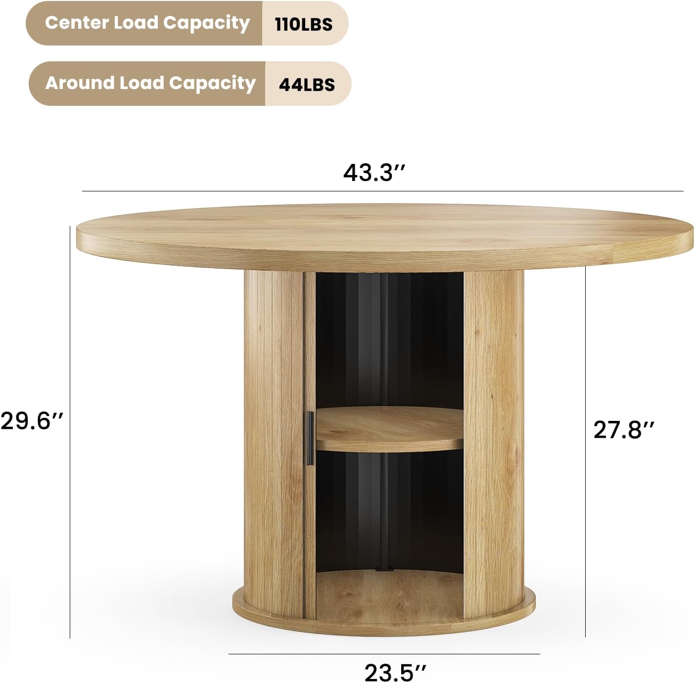 43.3'' Round Dining Table with Hidden Storage Space, Wooden Circle Kitchen Dinner Table for Dining Room Living Room, Easy Assembly, Natural