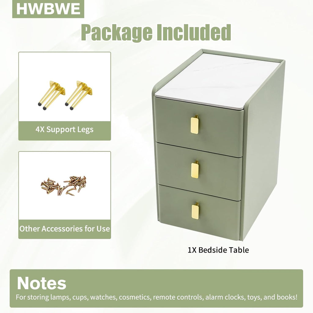 Narrow Nightstand with Drawers, Narrow Side Table Leather, Three-Layer Drawer Night Stand Small Bedside Tables for Living Room, Bedroom & Office (Green)