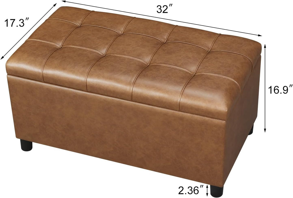 Joveco Storage Ottoman Bench, 32 Inches Faux Leather Rectangle Tufted Foot Stool for End Foot of Bed, Bedroom, Living Room,Warm Golden Brown