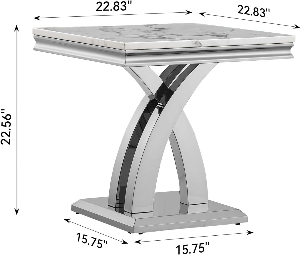 Marble End Table Modern Square Silver Living Room Table Sofa Side Table with Mirrored X-Shape Stainless Steel Base, Luxury White Faux Marble Small Bed Side Corner Table for Living Room Bedroom