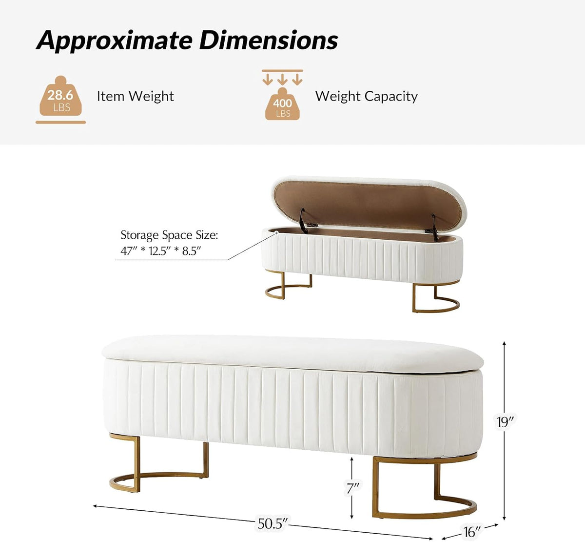 50.5” Velvet Storage Ottoman Bench with Gold-Toned Legs, Luxury Upholstered End of Bed Multi-Functional Footrest & Seat for Bedroom & Entryway