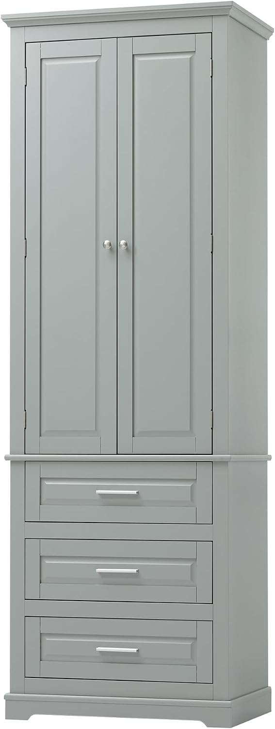 Merax 70" Pantry Cabinet with Two Doors & Three Drawer, Adjustable Shelves Storage Cupboard for Kitchen/Dining Room/Bathroom, Gray