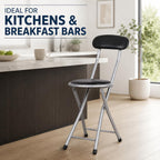 J&V TEXTILES Cushioned Padded Folding Stool with Back | Space-Saving Design, Folds Flat, Padded Backrest, Round Padded Seat, 2.8" Folded Thickness