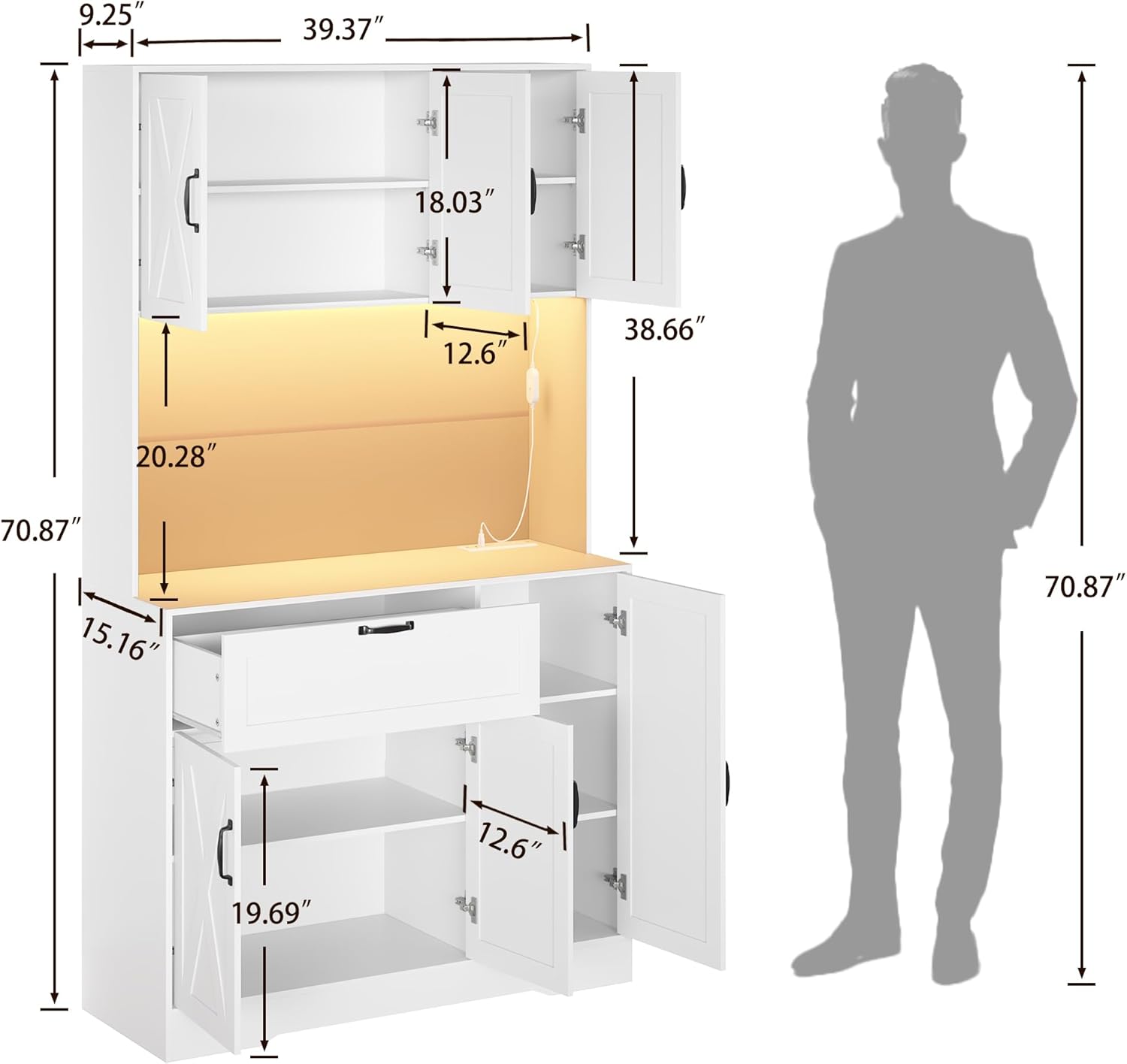 71" Kitchen Pantry Cabinets with Hutch - Freestanding Pantry Cabinet with Drawer, Adjustable Shelves, LED Light & Power Outlets for Kitchen, Dining Room, Living Room (White)