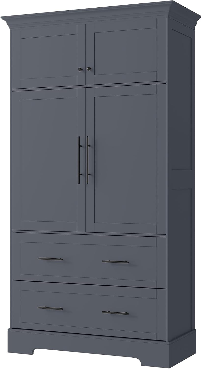 Farmhouse Pantry Cabinet, 72.6''H Freestanding Food Pantry with Pull-Out Trays, Drawers and Cake Pan Storage Organizer, 4 Doors Kitchen Cabinet for Dining Room, Grey