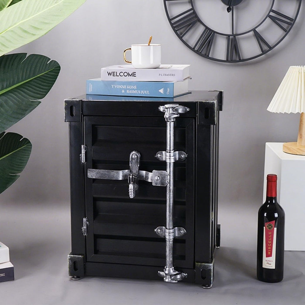 Gdrasuya10 Industrial Style End Table Bedside Table Side Table, Black Maritime Container Style Nightstand Table Storage Cabinet Multifunctional Iron Cabinet Organizer for Bedroom