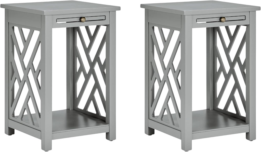 Alaterre Furniture Coventry 2-Pack Wood End Tables – Compact Side Tables with Pull-Out Tray, Bottom Shelf, and Open Square Side Panels – Easy Assembly Storage Tables for Living Room or Bedroom (Gray)