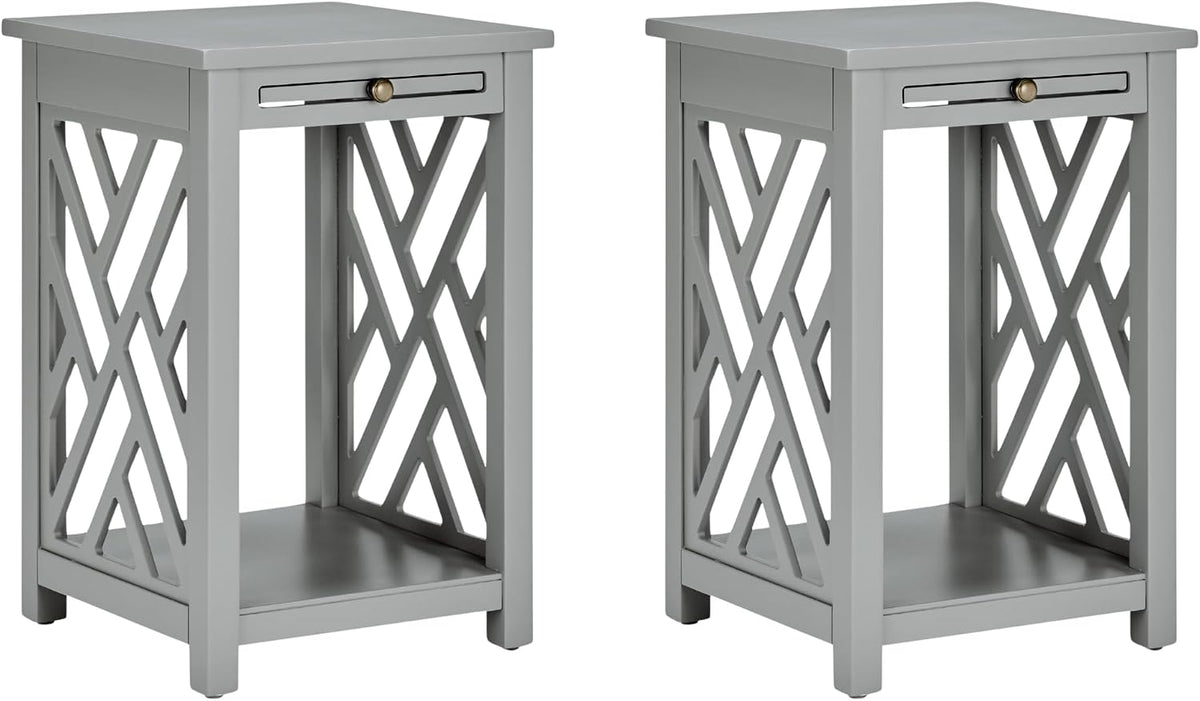 Alaterre Furniture Coventry 2-Pack Wood End Tables – Compact Side Tables with Pull-Out Tray, Bottom Shelf, and Open Square Side Panels – Easy Assembly Storage Tables for Living Room or Bedroom (Gray)