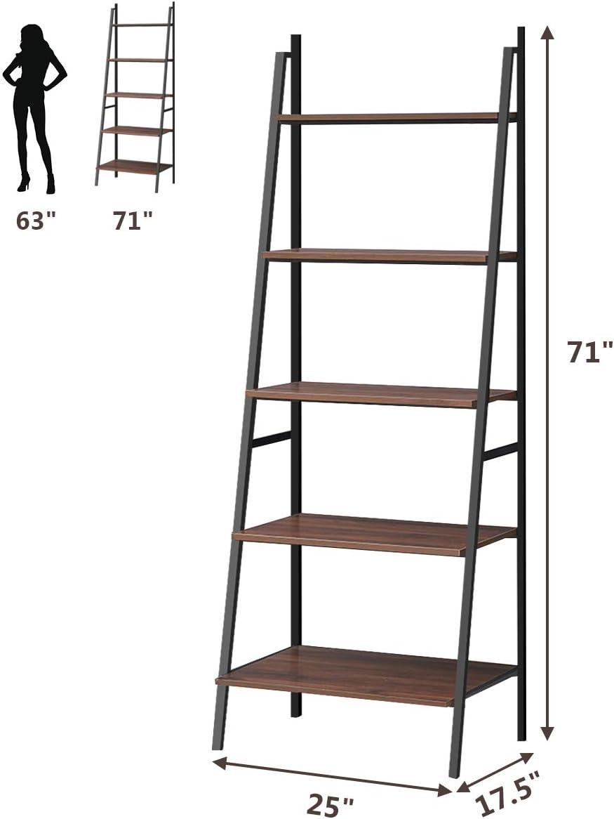 Tangkula Ladder Shelf (Set of 2), 5 Tier Industrial Bookcase, Multifunctional Display Bookshelf, Wooden Look Plant Flower Stand with Metal Frame, Decor Furniture for Home Office
