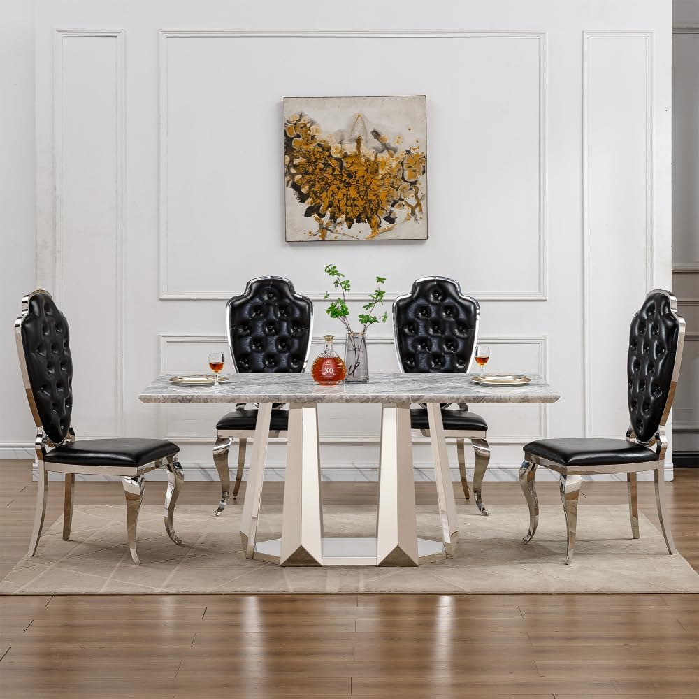 70" Rectangle Faux Marble Luxury Grey Dining Table for 6-8 People, Modern Large Kitchen Table with Silver Mirrored Stainless Steel Leg Base, Dining Table for Dining/Living Room, Office (One Table)
