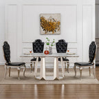 70" Rectangle Faux Marble Luxury Grey Dining Table for 6-8 People, Modern Large Kitchen Table with Silver Mirrored Stainless Steel Leg Base, Dining Table for Dining/Living Room, Office (One Table)