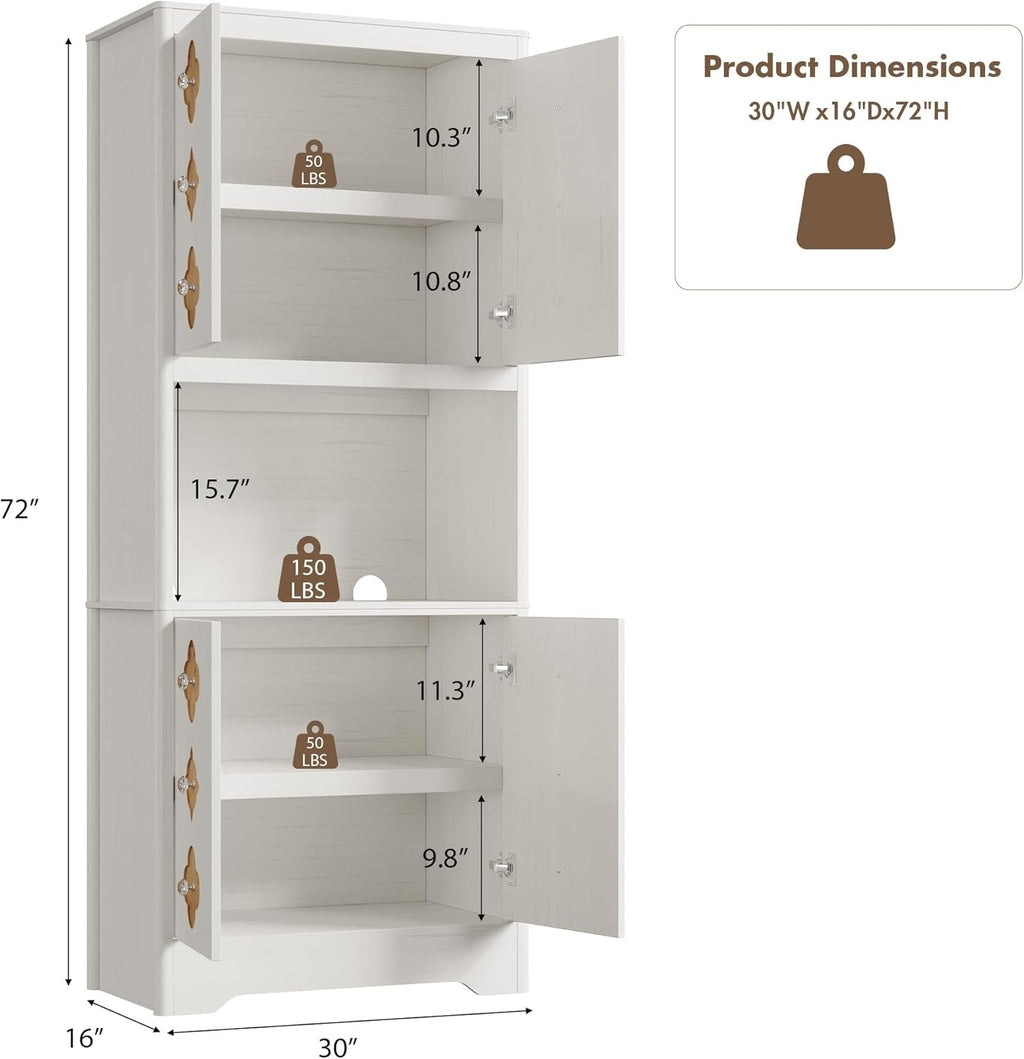 IDEALHOUSE Mid Century Modern Kitchen Pantry Cabinet, 72" Tall Storage Cabinet with Microwave Shelf, Wooden Freestand Cupboard with Carved Flower Door & Crystal Handle, for Dining Room