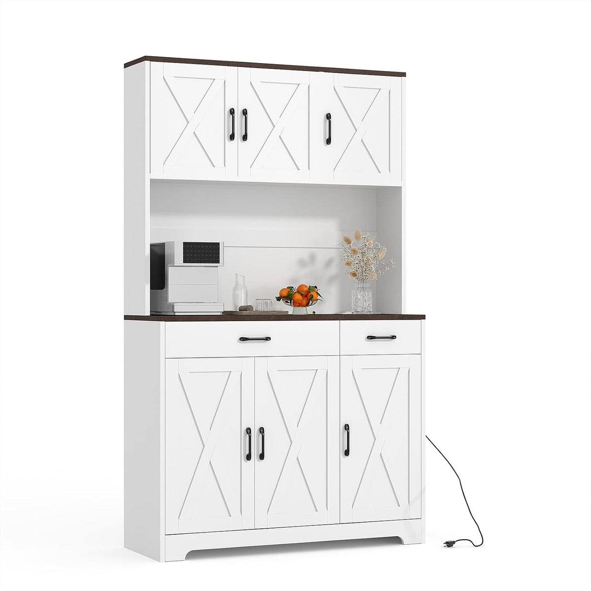 GarveeHome Farmhouse Kitchen Pantry Cabinet, 71" Tall Storage Cabinet with Charging Station, White Kitchen Hutch with Microwave Stand & Storage Drawers for Living Room, Dining Room