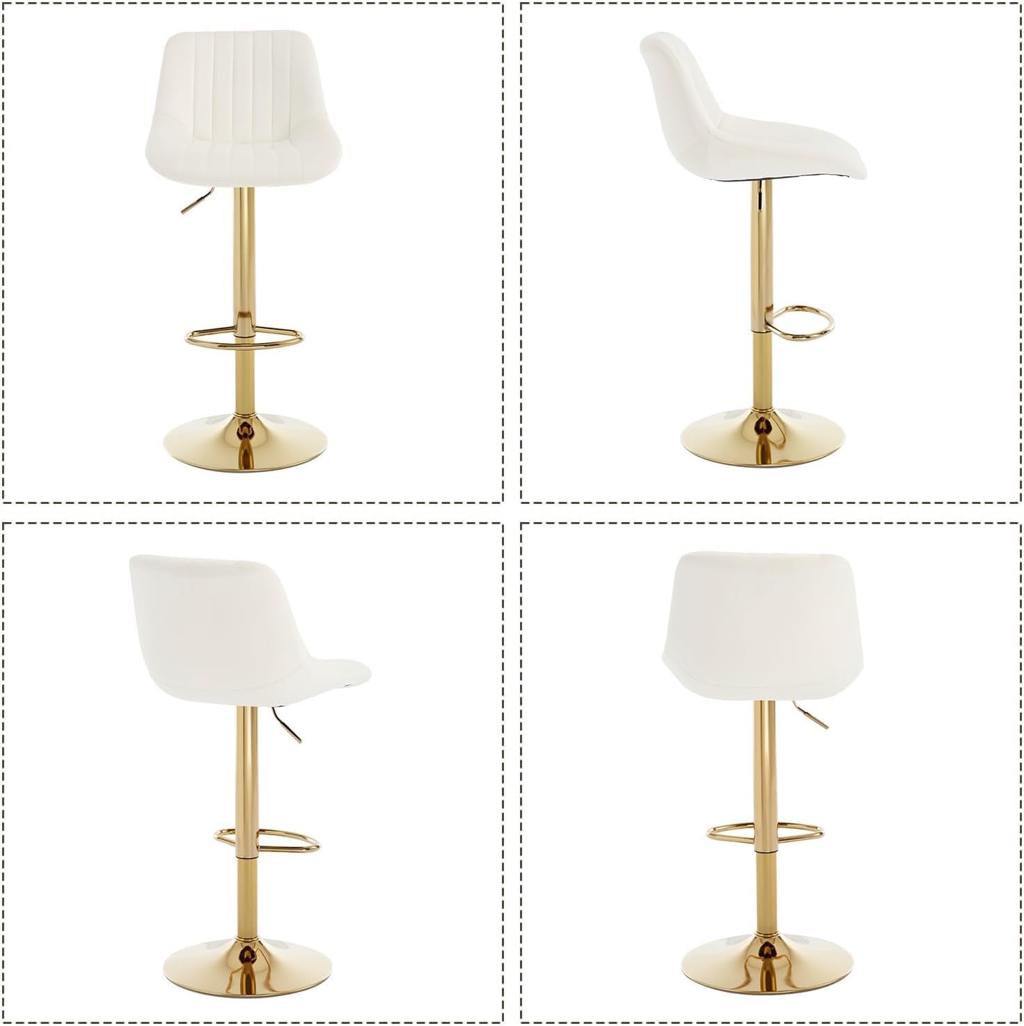 Barstools Set of 3, Golden-Cream, Adjustable Swivel Bar Stools | With Back, Armless Upholstered, Gold Bar Stool with Velvet Seat, For Kitchen Island/Cafe/Dining