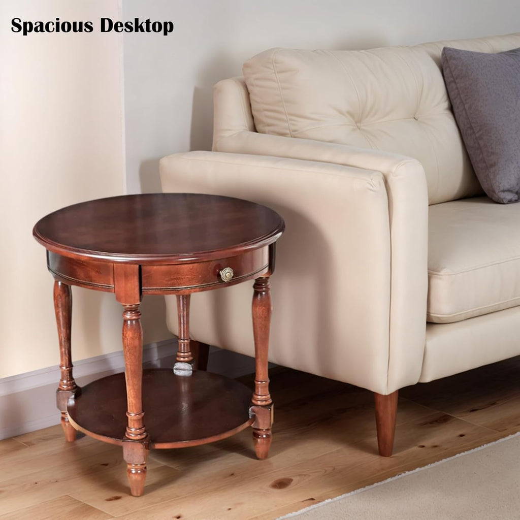 YUNMUARY-Solid Wood End Table Round Side Table with Drawers Vintage Nightstand Sofa Side Tables with Storage Shelf Traditional Retro End Tables for Small Spaces Living Room,Dark Brown