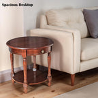 YUNMUARY-Solid Wood End Table Round Side Table with Drawers Vintage Nightstand Sofa Side Tables with Storage Shelf Traditional Retro End Tables for Small Spaces Living Room,Dark Brown