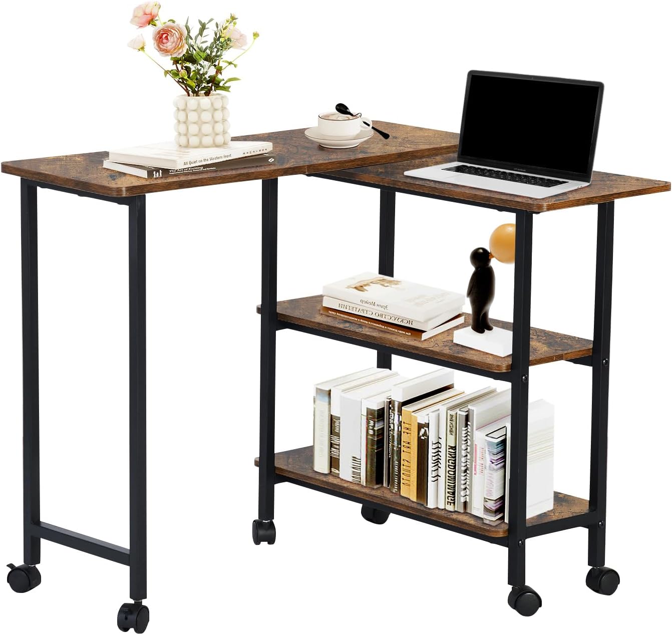 FurnitureR 360° Rotating Sofa Side Table with Storage Shelves, Mobile L-Shaped Desk with Lockable Wheels, Adjustable Swivel End Table for Couch or Bed, Space-Saving Storage Cart, Brown