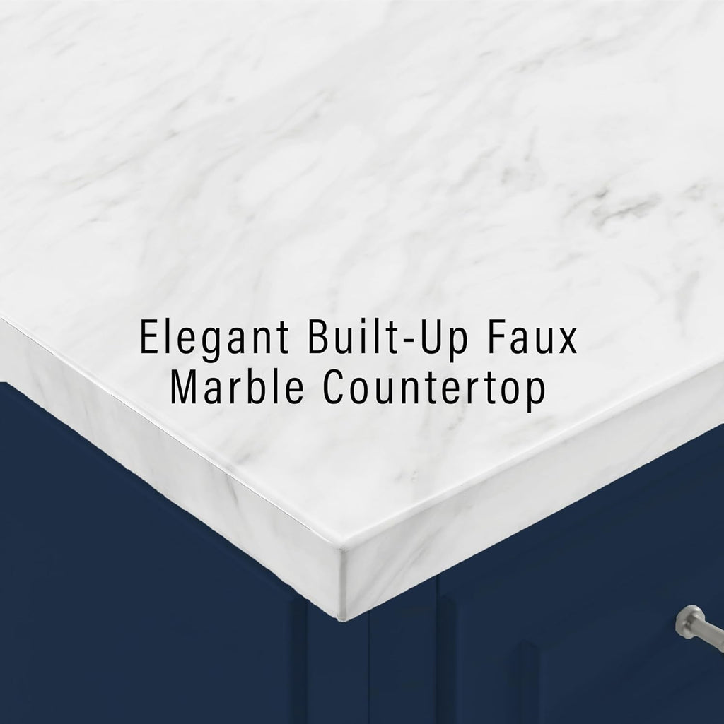 Crosley Furniture Cutler Faux Marble Top Kitchen Island with Storage, Breakfast Bar, Microwave Stand, Navy