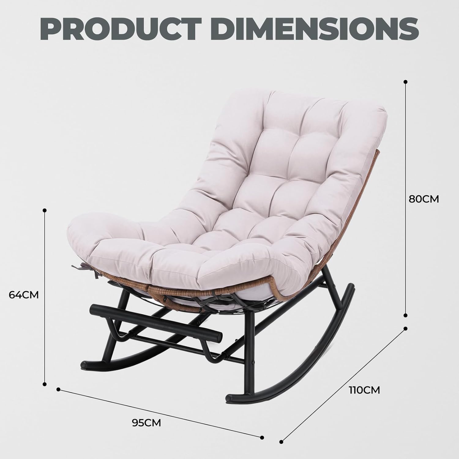 COMHOMA Outdoor Rocking Papasan Chair, Oversized Wicker Patio Rocker, Indoor Comfy Wicker Reading Lounge, Bed-Like Comfort Egg Chair for Bedroom,Balcony, Porch, Garden, Beige