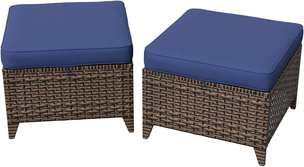 Canyon Ridge Wicker Outdoor Ottomans Set of 2, Patio Ottoman Foot Rest for Couch with Removable Cushions for Patio, Deck, Backyard and Poolside, Brown/Blue