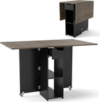 GOFLAME Drop Leaf Dining Table for 2-4, Folding Kitchen Table with Open Shelves & Drawer, Lockable Wheels, Space Saving Extendable Table for Dining Room, Living Room, Small Space, Grey Oak & Black