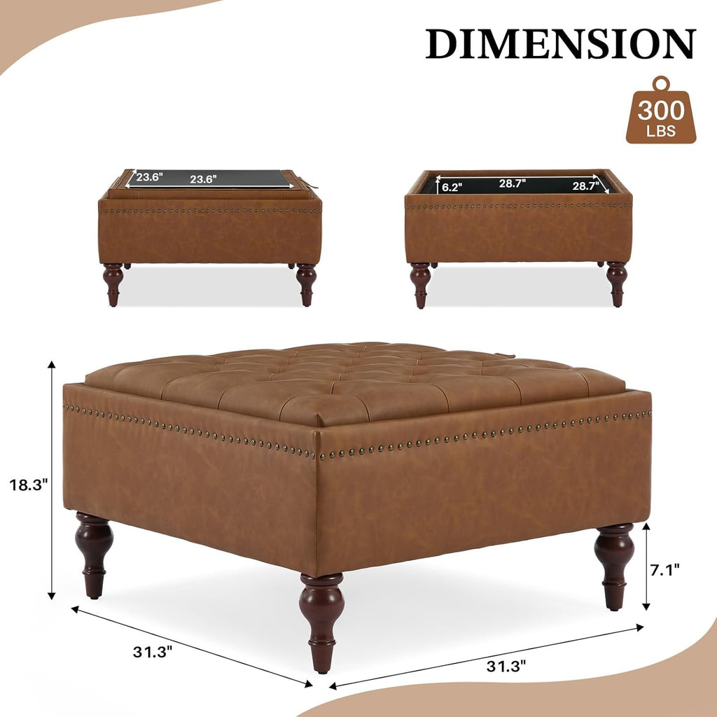 Storage Ottoman Coffee Table, Large Ottoman with Storage Oversized Square Footstool with Anti-Slip Embedded Lid, Tufted Upholstered Ottomans for Living Room, Brown Faux Leather