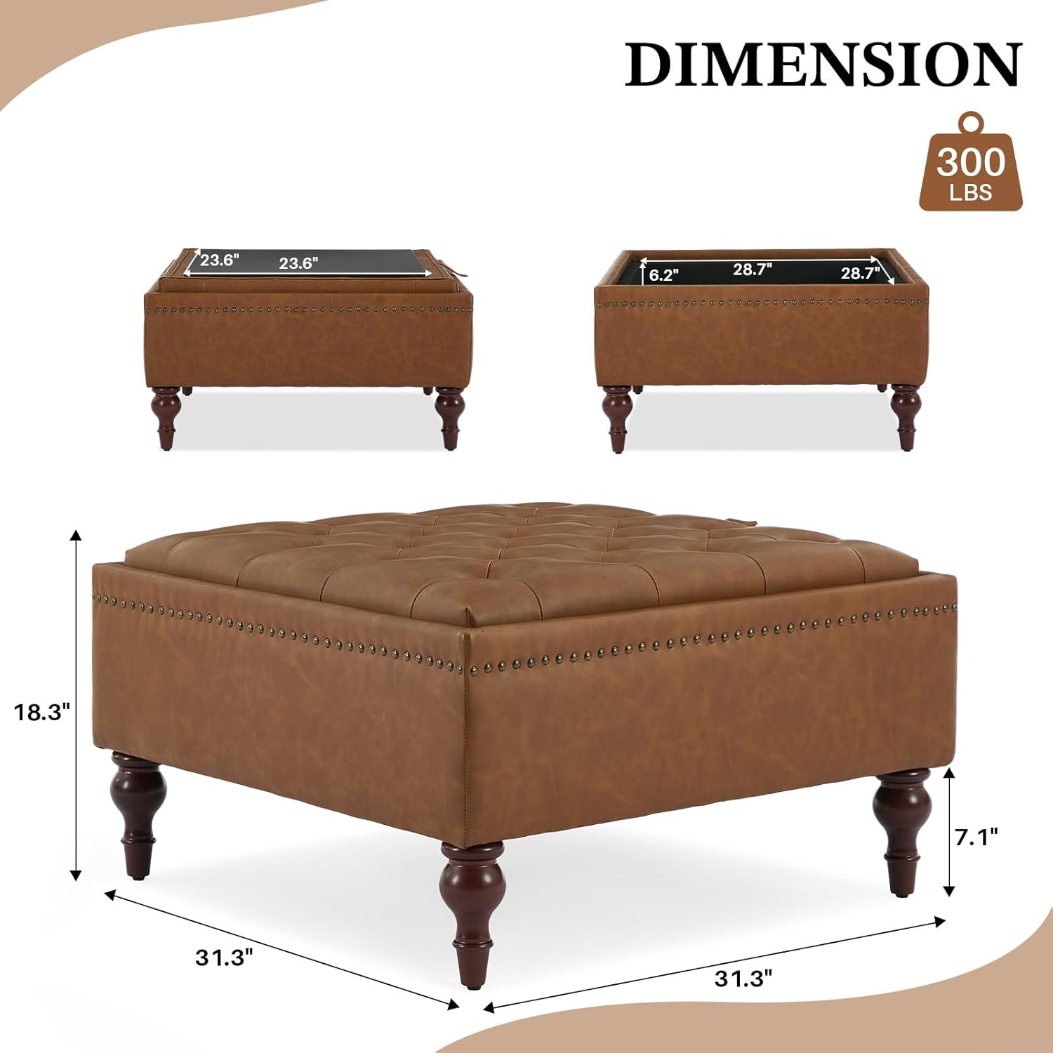 Storage Ottoman Coffee Table, Large Ottoman with Storage Oversized Square Footstool with Anti-Slip Embedded Lid, Tufted Upholstered Ottomans for Living Room, Brown Faux Leather
