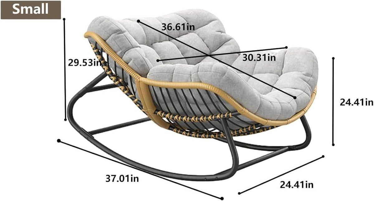 Papasan Rocking Chair with Comfy Thick Cushion, Oversized Outdoor Rocking Chair with Steel Frame, Wicker Rattan Lounge Rocker, Indoor Outdoor Egg Chair for Patio, Balcony, Living Room, Gray