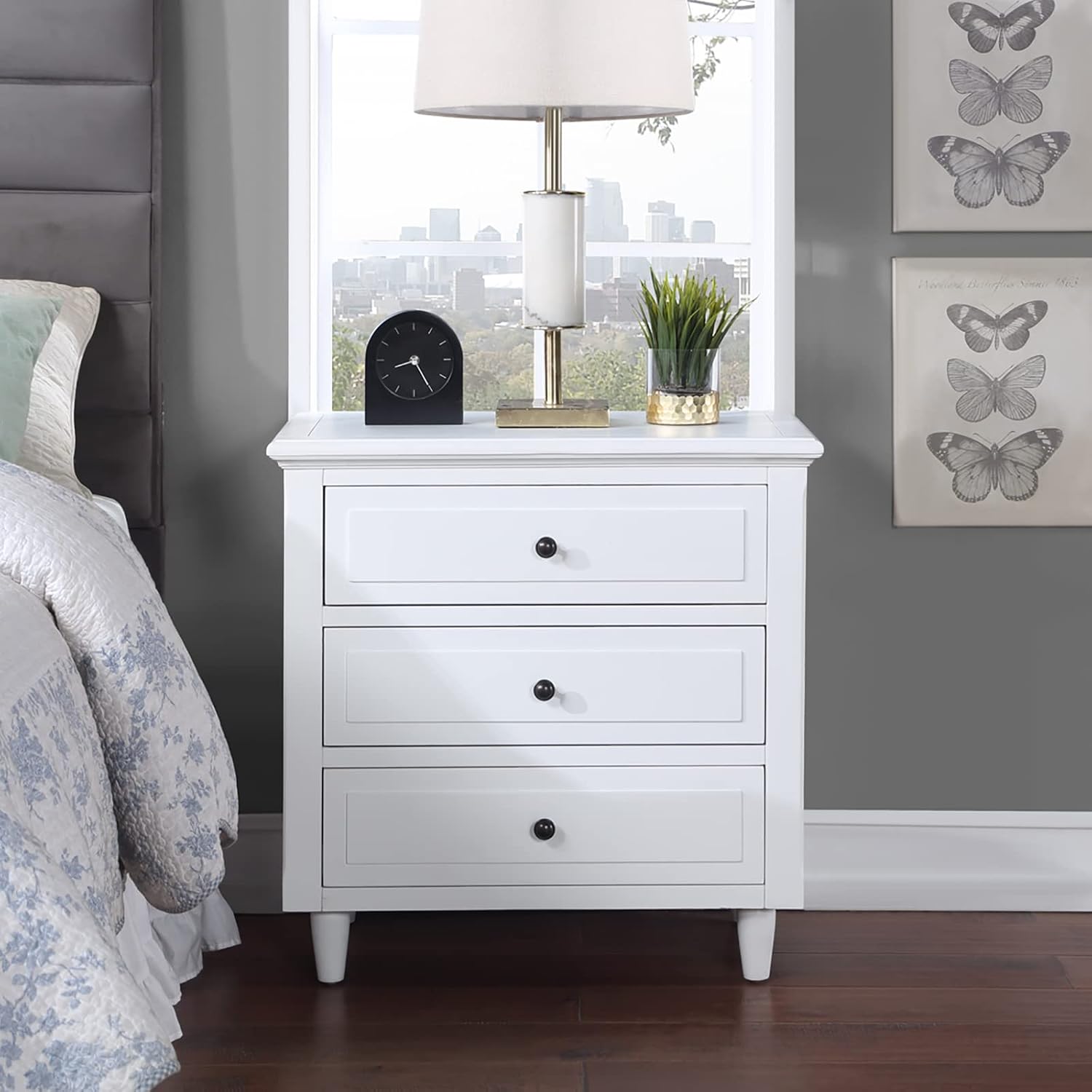 3-Drawer Nightstand for Bedroom, Storage Wood Cabinet, Simple Bedside Table, Living Room Sofa Side Table, Telephone Table, Easy-Pull Metal Glides, No Assembly Required, Long-Lasting, White