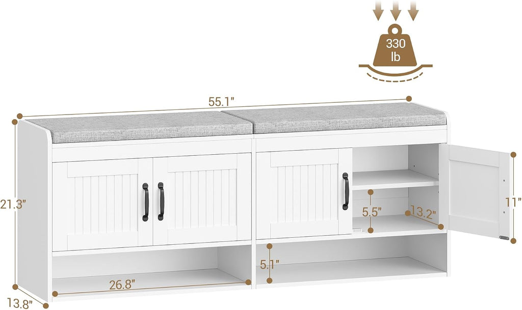 Hzuaneri 55.1" Shoe Storage Bench, 3 Tier Entryway Shoe Bench with Padded Cushion & 4 Doors & Adjustable Shelves, 18-21 Pairs of Bed End Benches, Modern Shoes Rack Benches for Bedroom, White SB41403GY