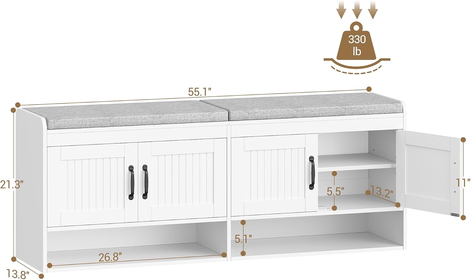 Hzuaneri 55.1" Shoe Storage Bench, 3 Tier Entryway Shoe Bench with Padded Cushion & 4 Doors & Adjustable Shelves, 18-21 Pairs of Bed End Benches, Modern Shoes Rack Benches for Bedroom, White SB41403GY