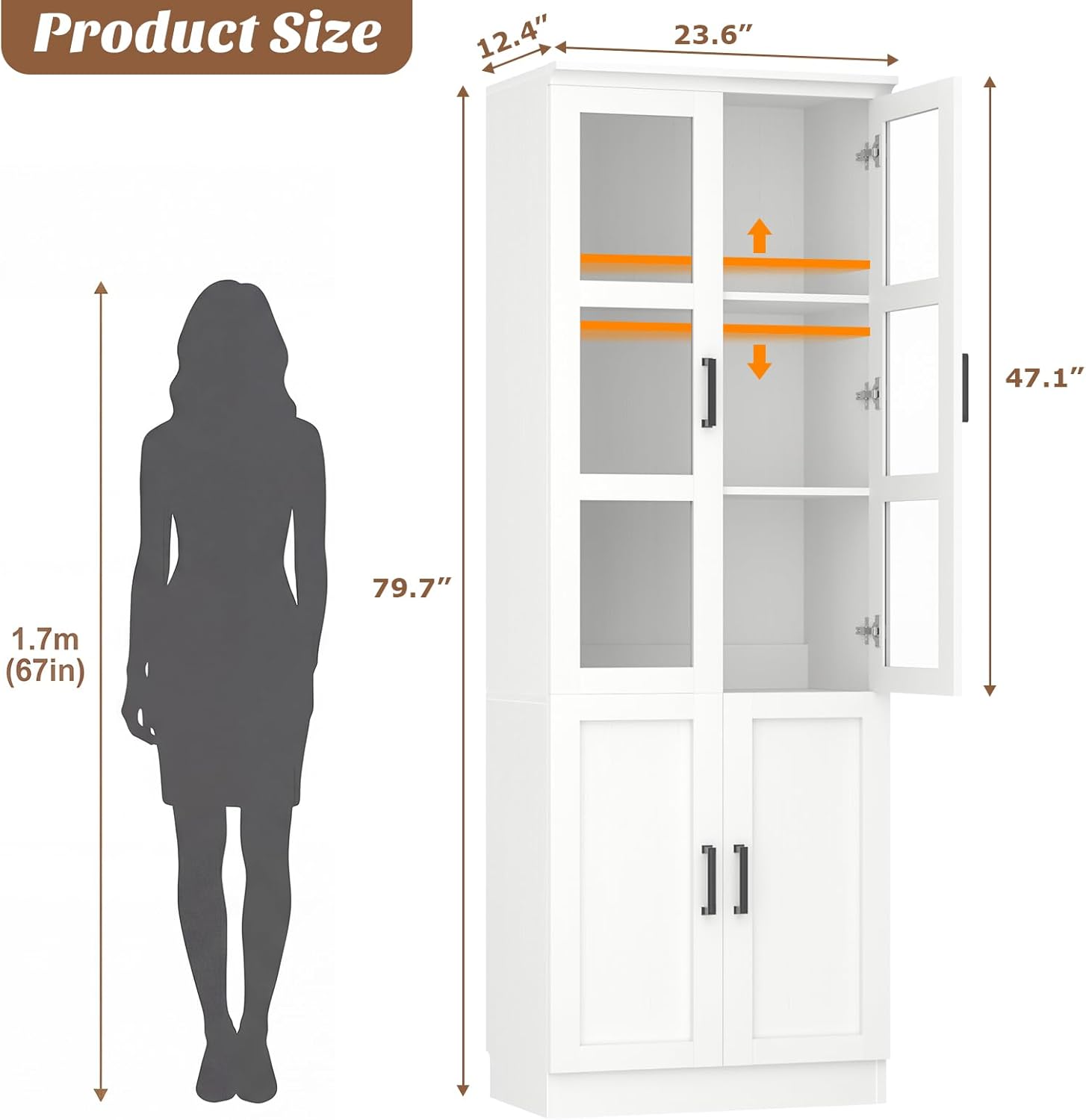 Unikito 79.7" Tall Kitchen Pantry Storage Cabinet, Freestanding Kitchen Hutch Cabinet with Tempered Glass Doors, Modern Display Bookcase with Adjustable Shelves for Living Room, Dining Room, White