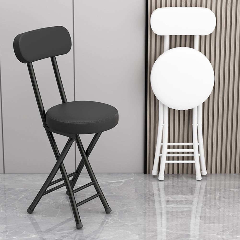 Folding Stool with Backrest, Cushioned Padded Leather Round Portable Foldable Bar Stool Chair for Kitchen(White)