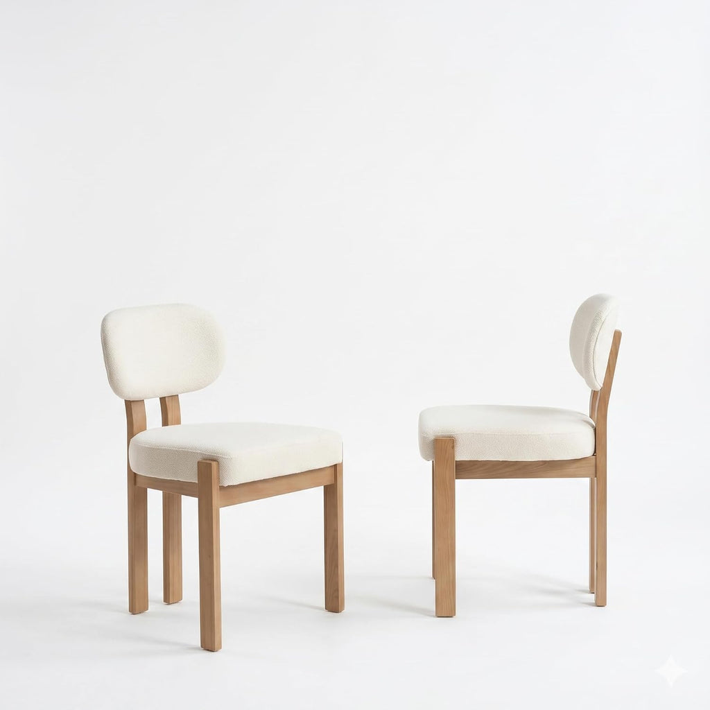 Boucle Dining Chairs Set of 2, Modern Upholstered Kitchen Chairs with Solid Wood Legs, Mid Century Teddy Fabric Dining Room Chairs with Curved Backrest, Armless Side Chairs for Small Spaces, Beige