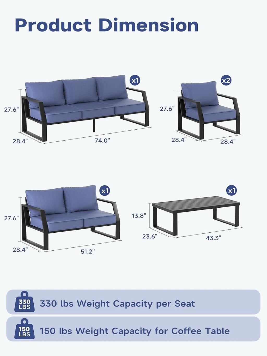 Oversized Outdoor Modern Patio Sofa for 3, 5" Thick Cushions, Deep Seat & Wide Armrests, Comfortable Aluminum All-Weather Rustproof UV-Resistant Frame for Garden, Backyard, Porch