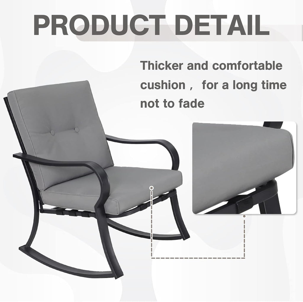 Outdoor 3-Piece Rocking Chairs, Patio Bistro Furniture Set, 2 Black Steel Rocking Chairs with Cushion and Glass Top Coffee Table (Grey)