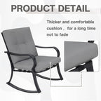 Outdoor 3-Piece Rocking Chairs, Patio Bistro Furniture Set, 2 Black Steel Rocking Chairs with Cushion and Glass Top Coffee Table (Grey)