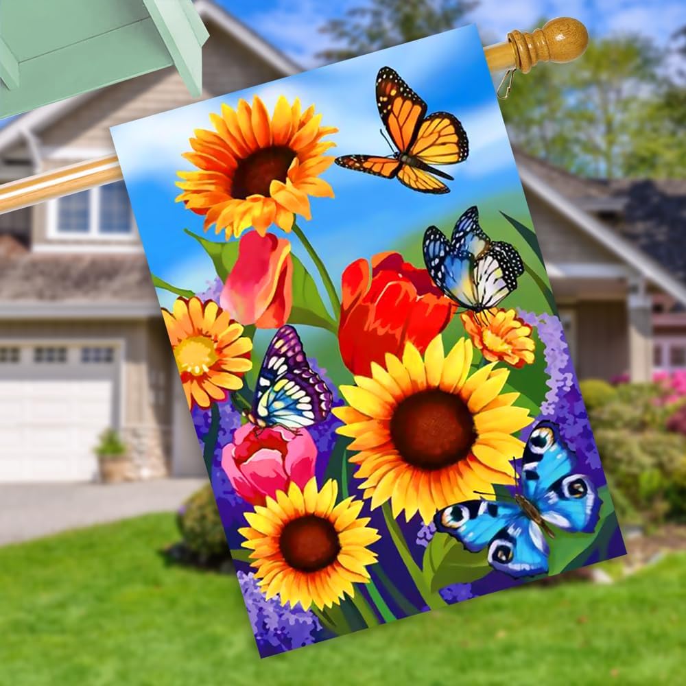 large Garden Flag 28x40 Double Sided sunflower flag, monarch Butterfly Floral Flower Welcome Garden Yard House Flags Outside Outdoor House sunflower Spring Summer Décor