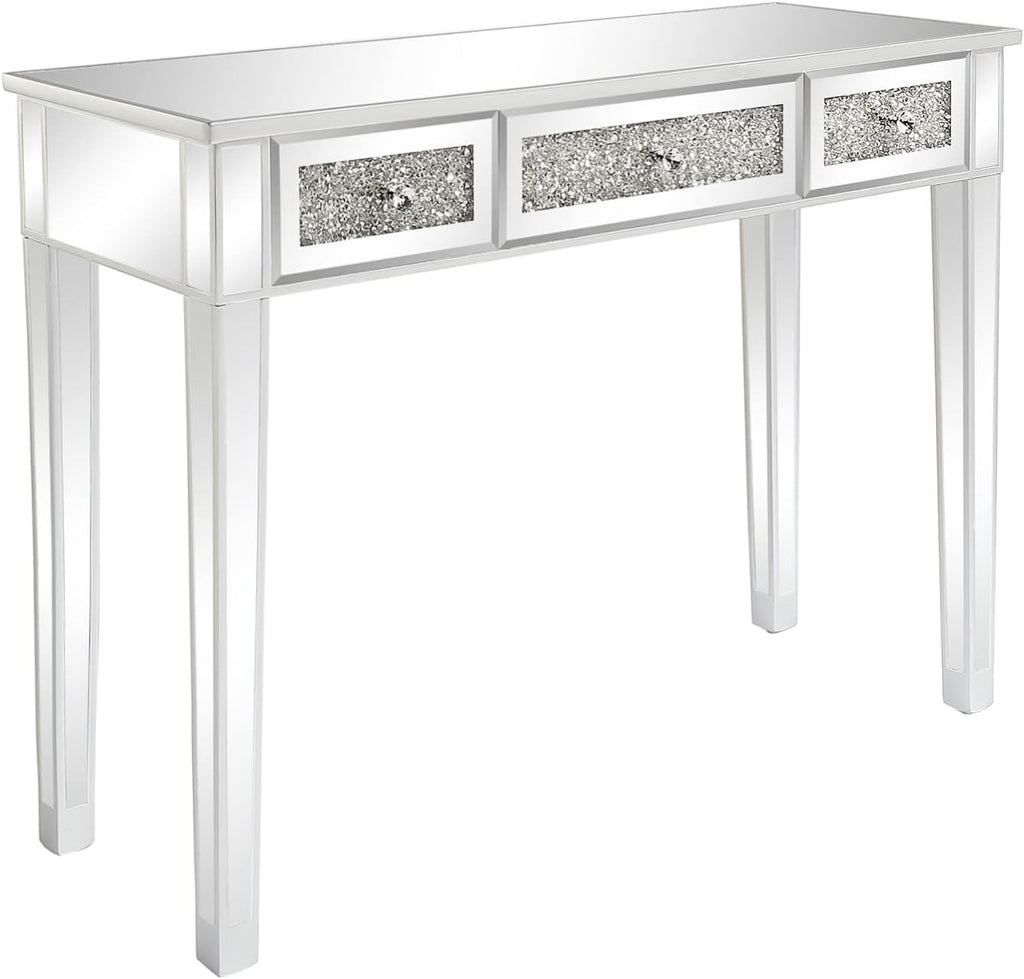 VINGLI Silver Mirrored Vanity Desk, Makeup Vanity Desk, Glass Desk with 3 Drawers, Glass Vanity for Women Girls Bedroom, Makeup Room & Office Writing Desk