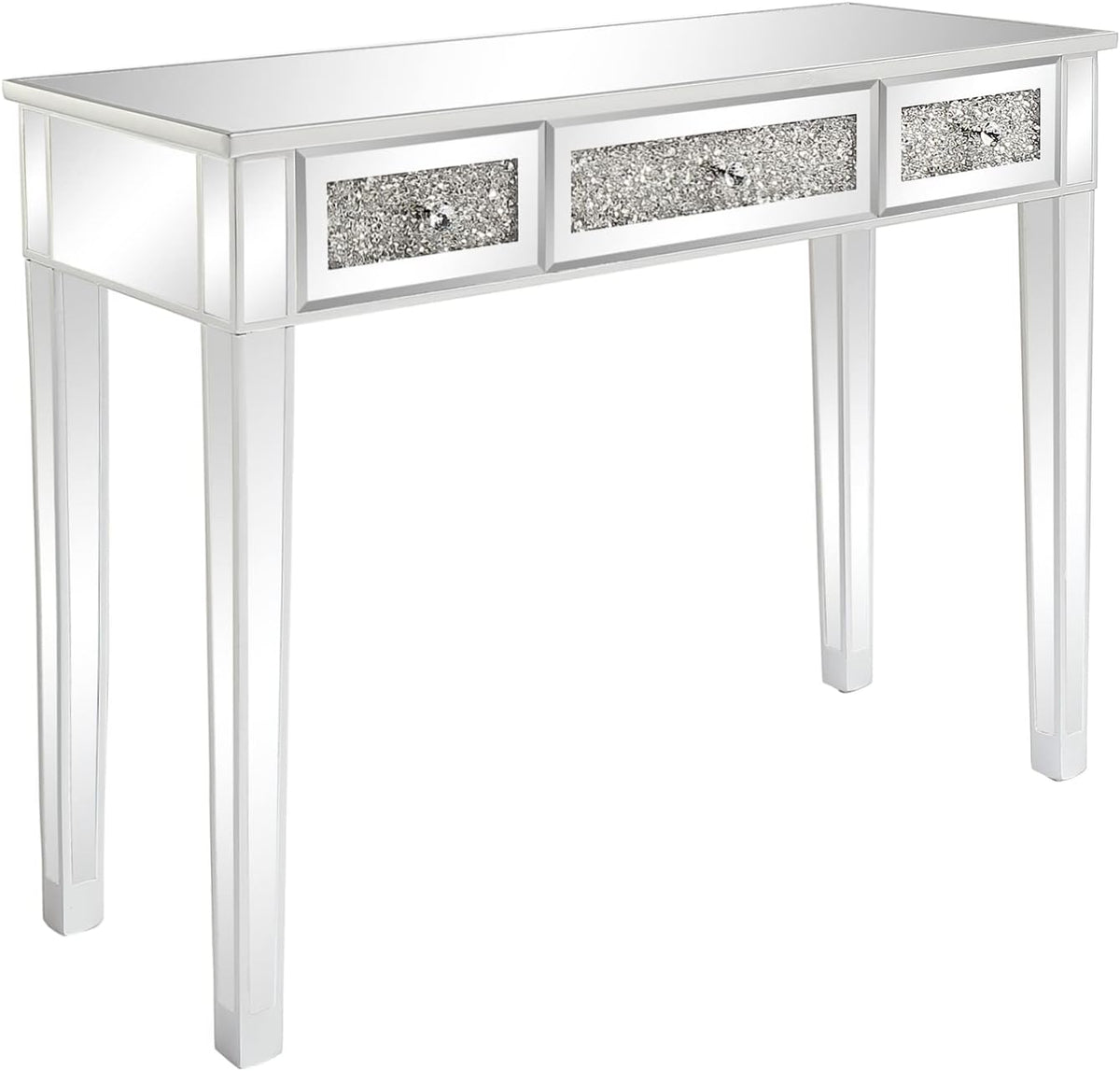 VINGLI Silver Mirrored Vanity Desk, Makeup Vanity Desk, Glass Desk with 3 Drawers, Glass Vanity for Women Girls Bedroom, Makeup Room & Office Writing Desk