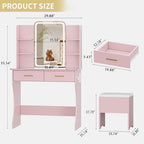 Vanity Desk with LED Lights Mirror & Power Outlet, Small Makeup Vanity Table Set with Storage Drawers & Chair, 3 Lighting Modes & Adjustable Brightness, Dressing Table for Women Girls Bedroom, Pink