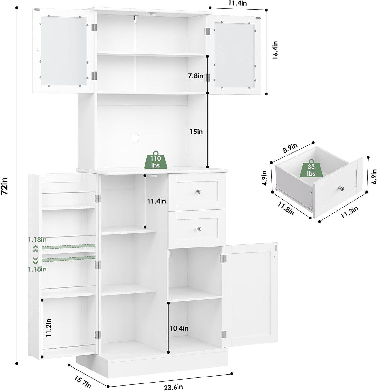 BOTLOG 72" Tall Kitchen Pantry Storage Cabinet with 4-Tier Door Shelves | Kitchen Hutch Cabinet with 2 Drawers, Frosted Glass Door for Dining Room, Modern White, Space-saving, apartment, small room