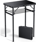 Anbte 2ft Folding Camping Table, 3 Adjustable Height Max 29.5", 23" x 16" | Aluminum Small Folding Table with Storage Net &Portable Handle, Lightweight,for Travel Outdoor Beach Picnic Camping, Black